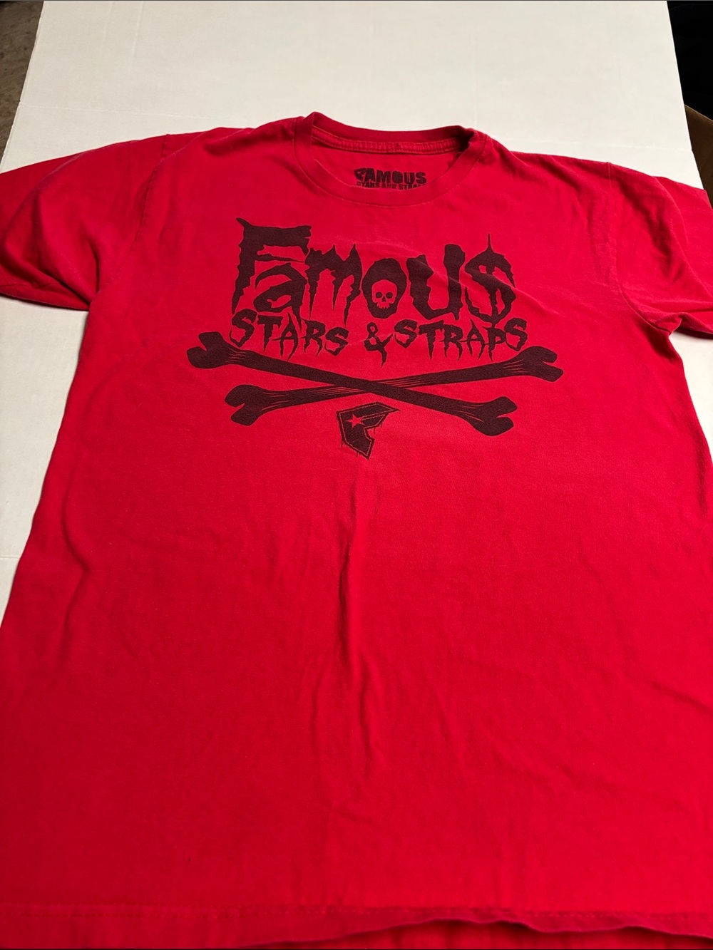 Famous Stars & Straps Red Tee with Black Skull Crossbones Graphic